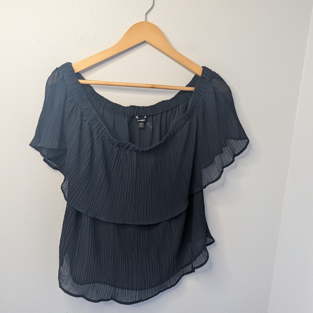 NWT Express Navy Pleated Chiffon Flutter Sleeve Blouse‎ Top Large